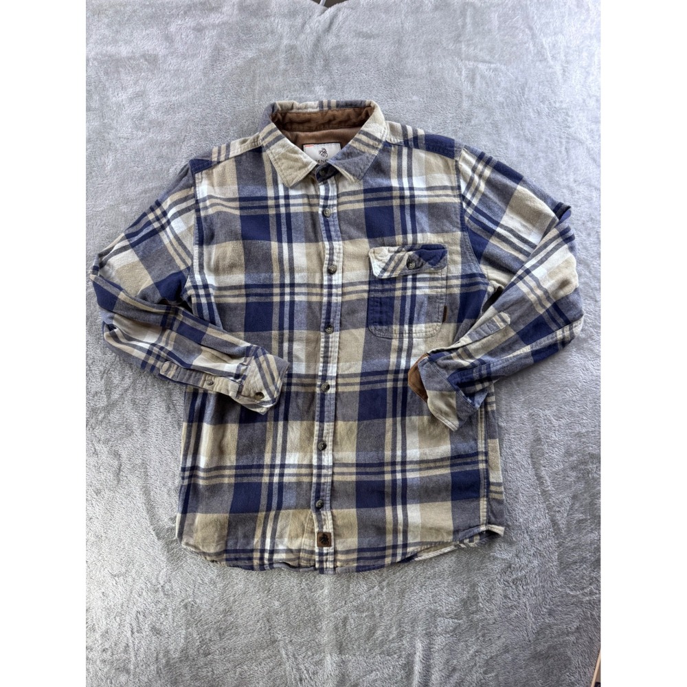 Legendary Whitetails Men's Medium Blue Beige Plaid Flannel Button Shirt‎ Cotton